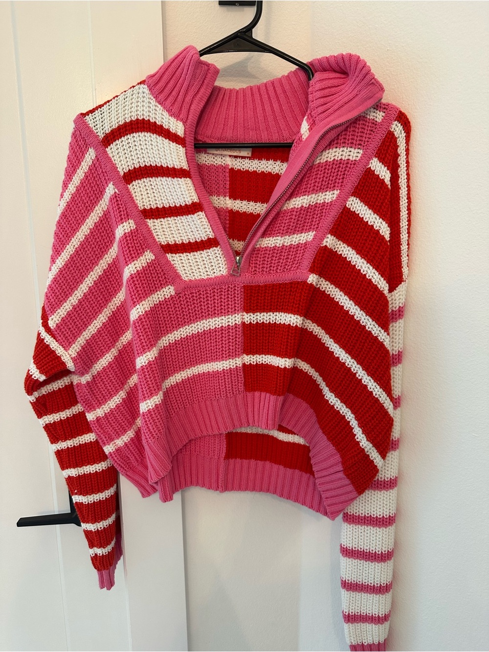 Olivaceous Pink, Red & White Striped Half-Zip Sweater